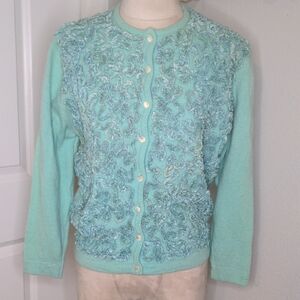 Vintage 60s Dressy Cardigan Sweater Ribbon Trim Mint Angora Campus Casuals Sz M